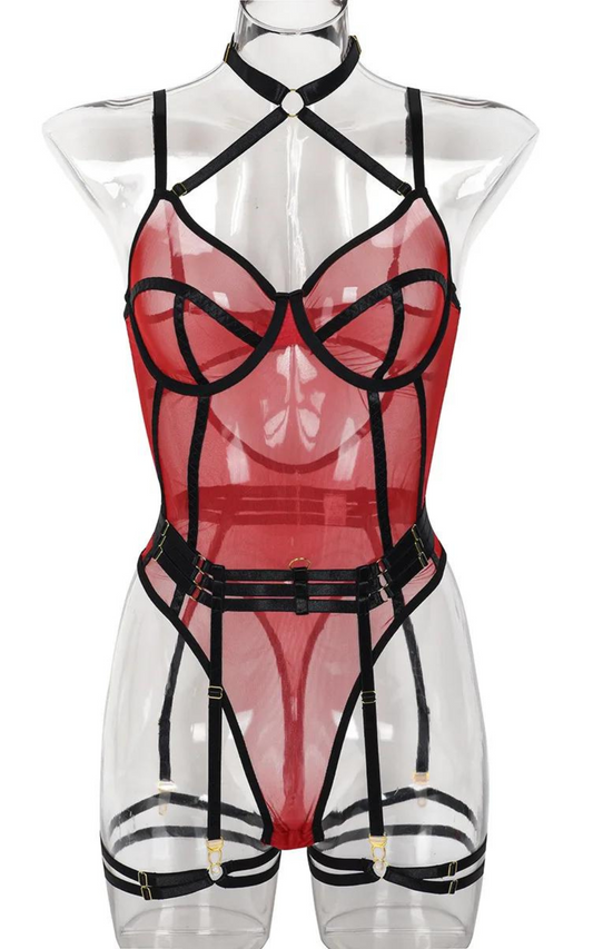 Corset Rouge et Noir Porte-Jarretelles